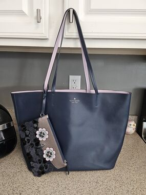 kate spade New York Navy & Pink Leather Tote with Floral Wristlet